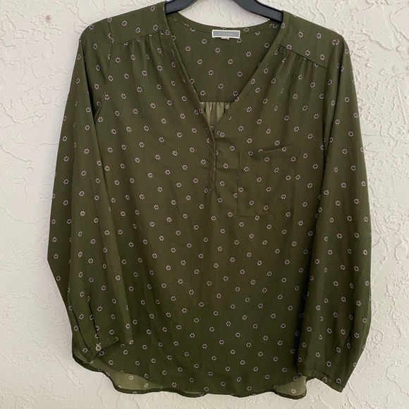 Pleione Tops - Pleione Prairie Cottoagecore Lightweight Henley Blouse Womens L Green Floral LS